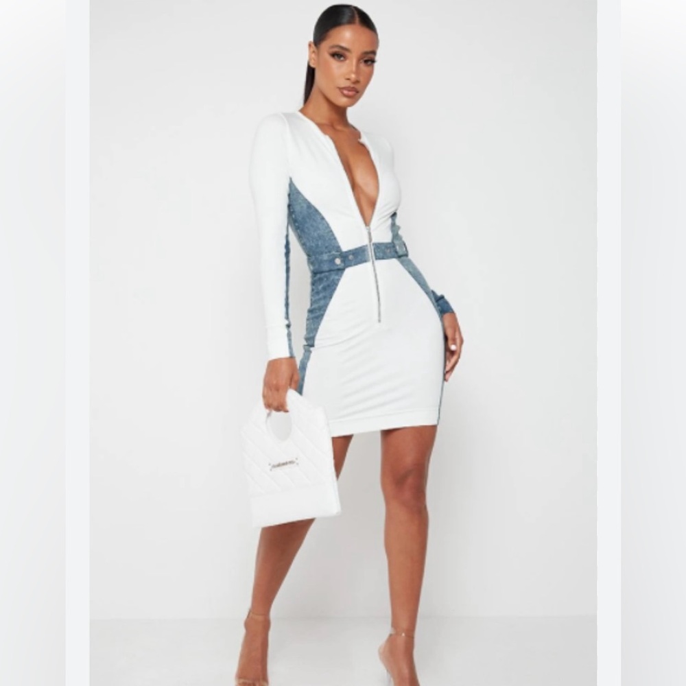 Maniere De Voir White and Blue Mini Dress